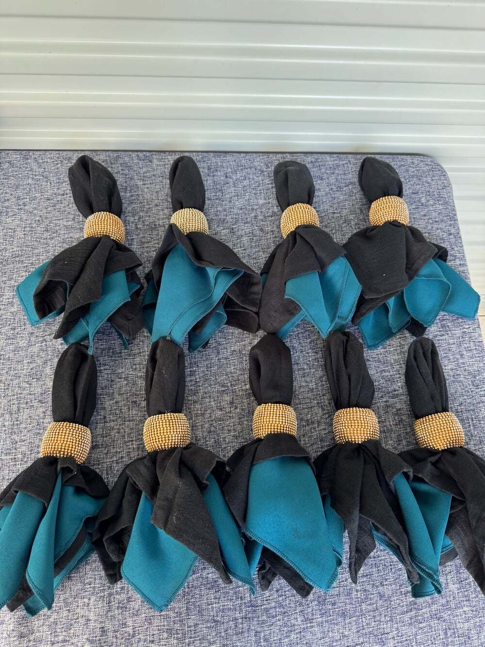 Service for 9 Napkin Ring Set With Rhinestones & Teal Napkins